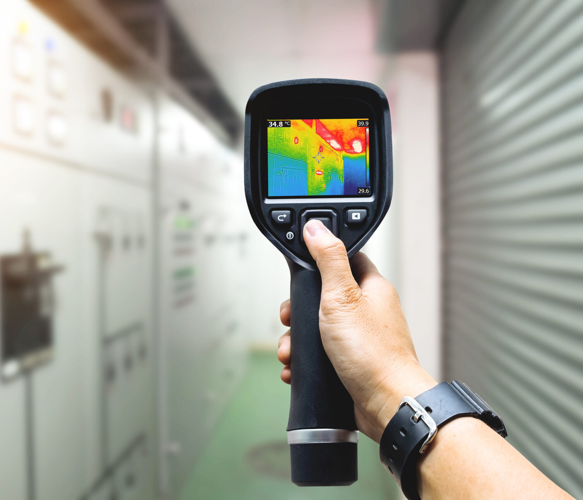 Technician,Use,Thermal,Imaging,Camera,To,Check,Temperature,In,Factory