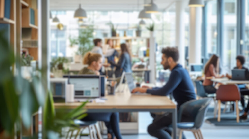 Blurred Office Space with People Collaborating.