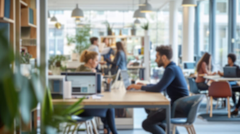 Blurred Office Space with People Collaborating.